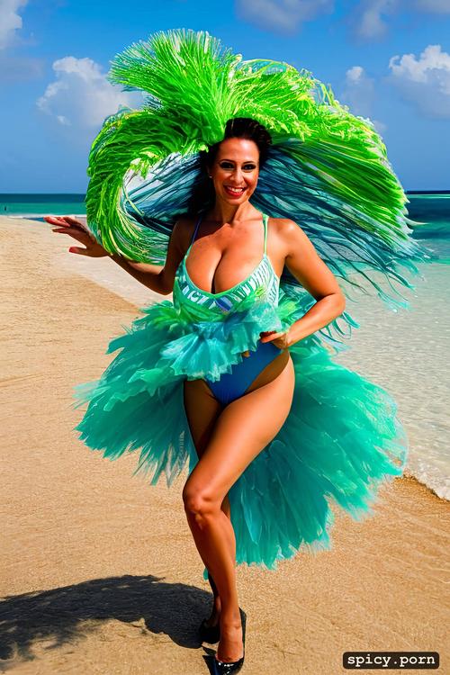 giant hanging tits, color portrait, beautiful smiling face, 36 yo beautiful white caribbean carnival dancer