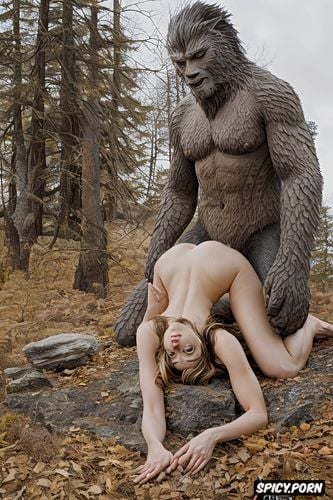 sasquatch doggy style with beautiful woman, male sasquatch deep humping woman from behind