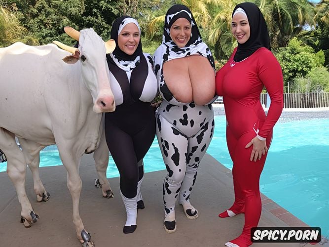 fatter, masterpiece, cow print spandex suit, fully clothed busty woman in the swimming pool with hijab swimming suit hold by arabian muscled man wearing argentinian football team shirt