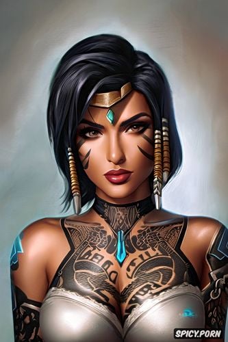 ultra detailed, ultra realistic, pharah overwatch tight low cut one piece lace french mair corset milf full lips tattoos beautiful face portrait muscles