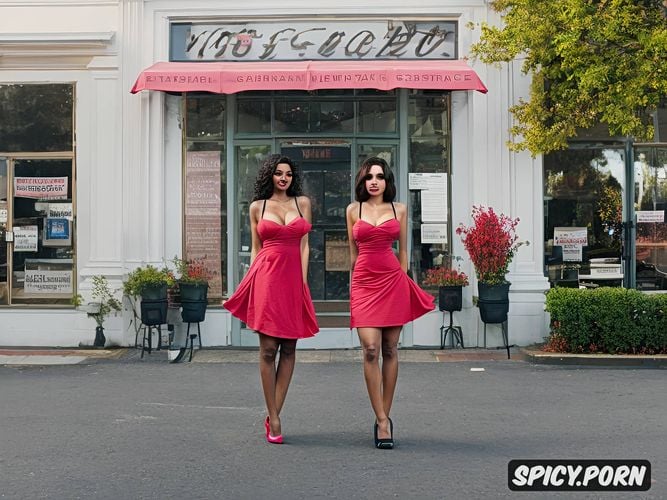 high heels, makeup, standing in front of a cafe, perfect body