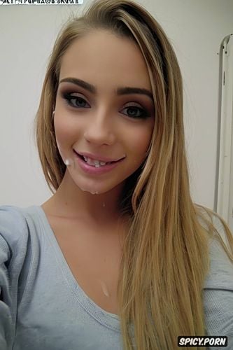 blonde balayage, cum on face, big saggy tits, wicked mischievous look