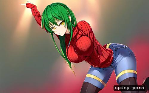 black stockings, boots, solo, style anime, 18yo, cute, red sweater short light green hair