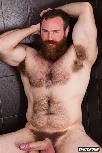 solo hairy gay muscular old man with a big dick showing full body and perfect face beard showing hairy armpits indoors chubby body