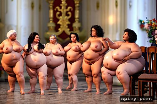 ultrarealistic, full body, group of fat lady 52 years old, nude