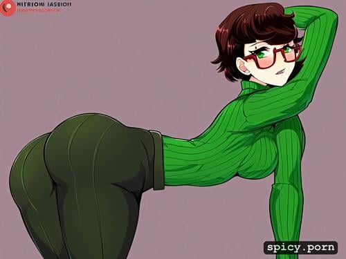 18years old, green turtleneck, short redhair, woman, round glasses
