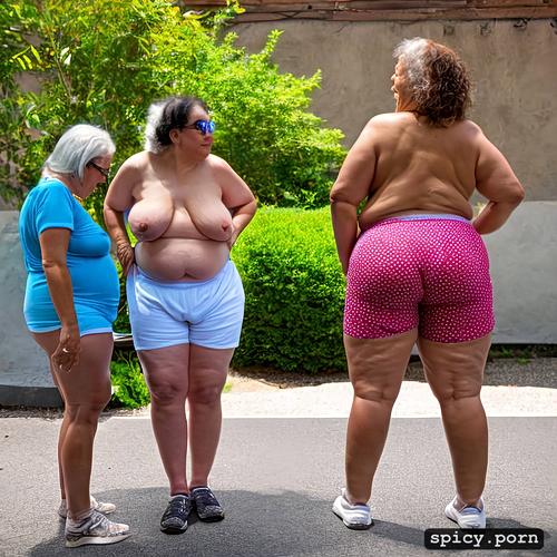 2 women, topless, small tits, a standing obese short grannies wearing long baggy shorts