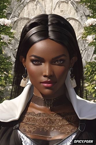 tight low cut brown peasant farmer dress, bethany hawke dragon age beautiful face ebony skin long soft black hair