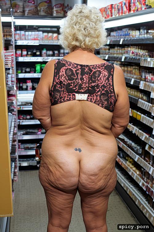 at supermarket, short hair, large high hips, sagging fat belly