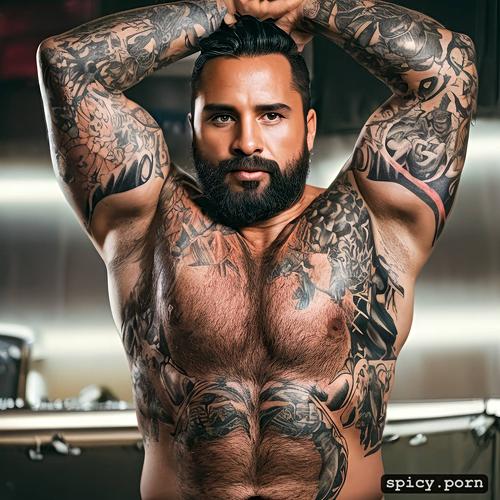 tattooed arms, stocky, large erect penis, beautiful face, super hung