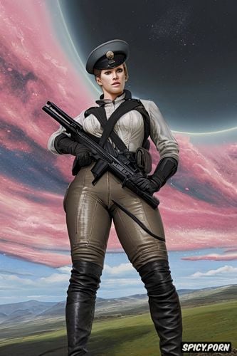 long boots, high socks, chubby thighs, rifle, pink nipples, fat thighs