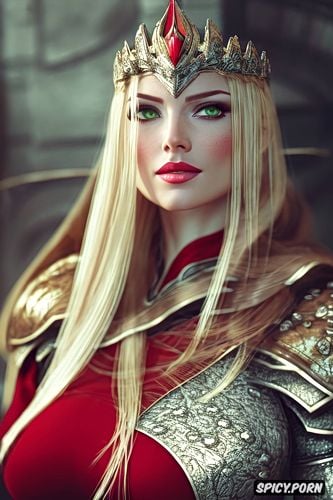 confident smirk, female knight, wearing red scale armor, soft green eyes