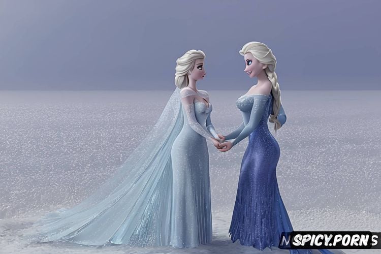transparent gowns, elsa and anna, great legs, kissing, anatomically accurate body