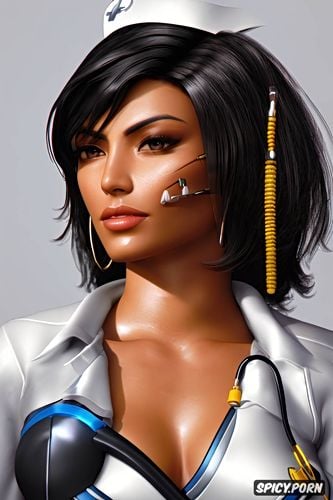 masterpiece, pharah overwatch female nurse black nurse scrubs white undershirt scrub top opened beautiful face full lips milf