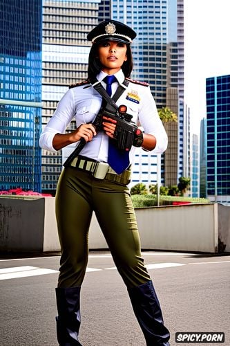 forcefully compromised, a fully dressed, vulnerable, stunning indian policewoman wearing a very tight fitting authentic khaki indian police uniform