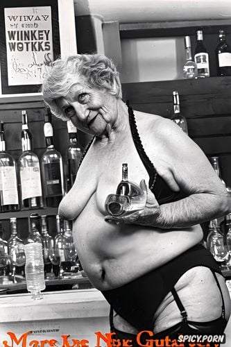 saggy tits, really old granny, holding a glass of whisky, poster