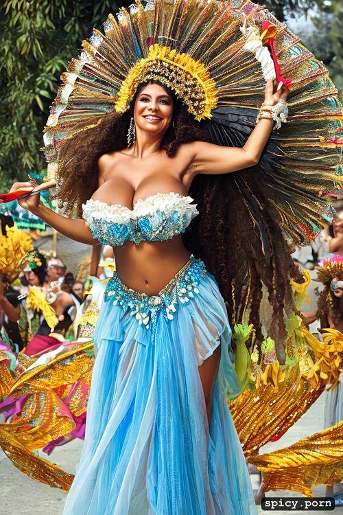 intricate beautiful dancing costume, 72 yo beautiful white caribbean carnival dancer