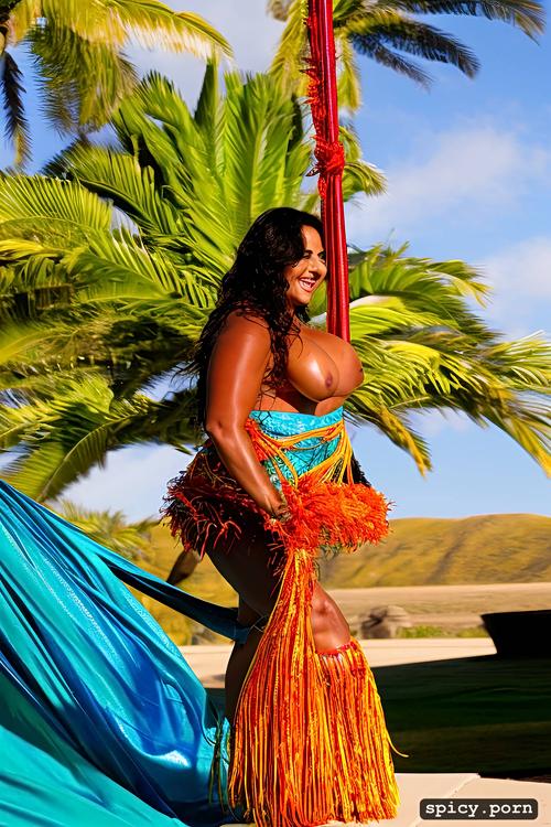 59 yo beautiful hawaiian hula dancer, color portrait, intricate beautiful hula dancing costume