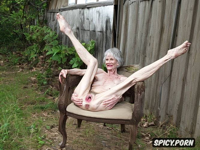 chair, super old granny, point of view, grey hair, zombie, very thin