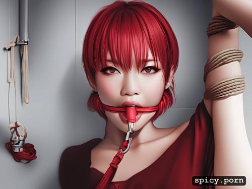 portrait, red hair, toilet, rope bondage, cute face, ahegao face