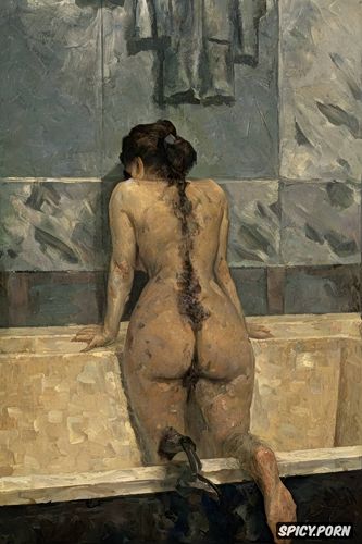 women in humid bathroom with fingertip nipple touching breasts tiled bathing