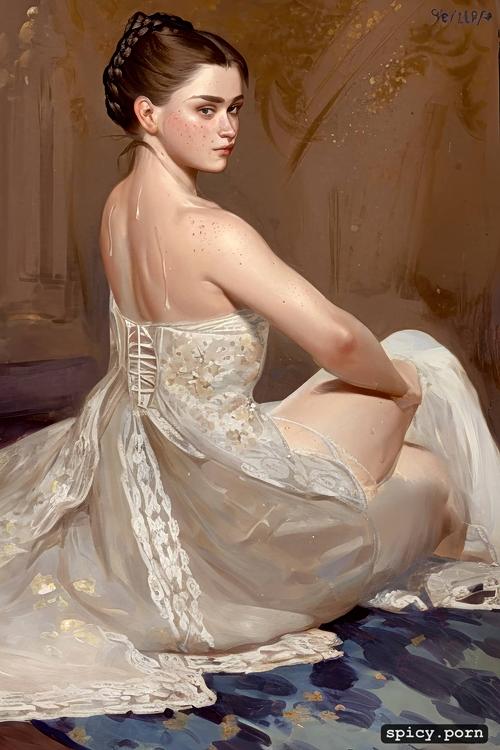 big glossy innocent eyes, looking back, pov, 19th century 30 yo russian grand duchess spread legs sweating