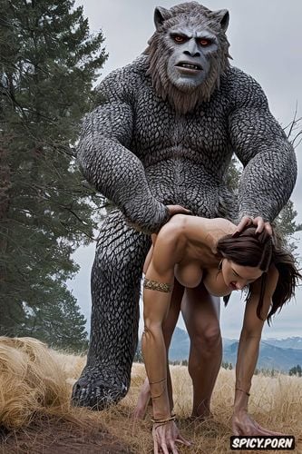 male sasquatch deep humping woman from behind, one on one, intent on effective copulation