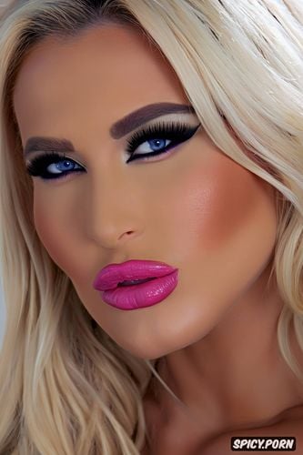 huge pumped up lips, blonde bimbo, over the top makeup, beautiful face closeup