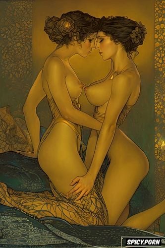 klimt, golden, candle and candlelight, touching breasts, soft skin