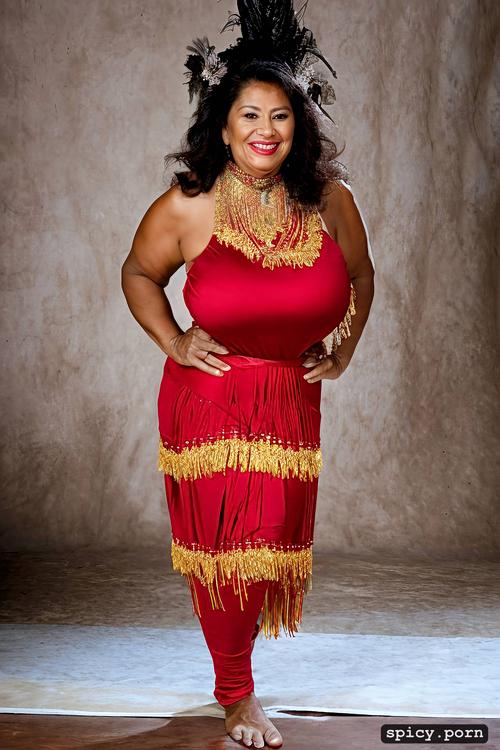 performing, beautiful smiling face, giant hanging boobs, 70 yo beautiful tahitian dancer