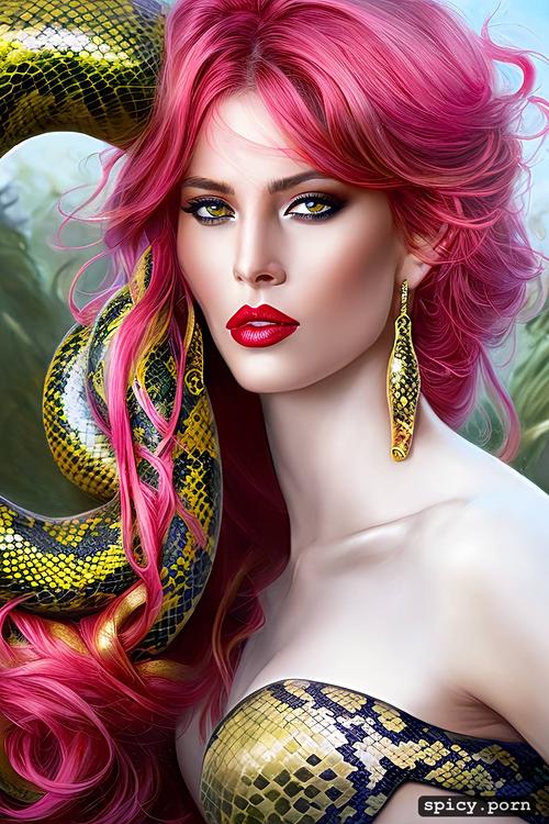 busty naked snakehead medusa wearing snake designed jewelries and she is covered with her snakes