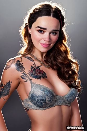 topless, tattoos, high resolution, ultra realistic, emiliaclarke beautiful face full body shot