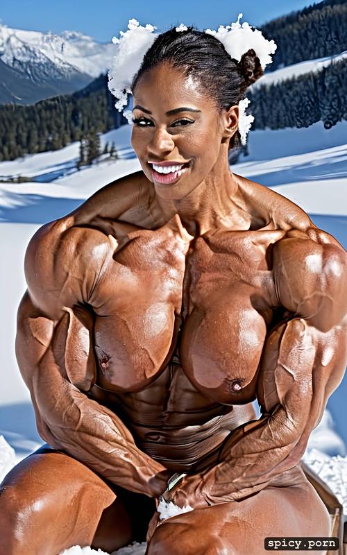 masterpiece, mountains, nude, extreme muscular ebony woman sitting in withe snow