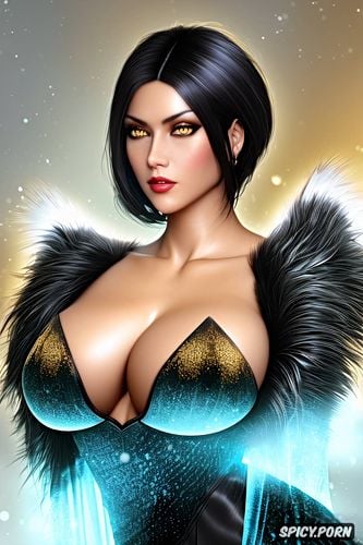 short raven black hair in a pixie cut, skintight tattered animal feather and pelt mage robes
