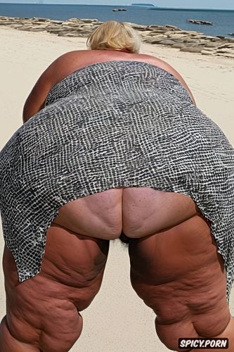 short and stocky australian woman, on a beach towel, gilf, looking at camera