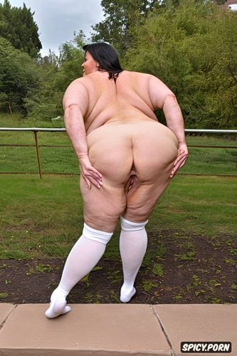 small shrink boobs, shaved, she have long white socks, an old fat milf standing naked with obese belly