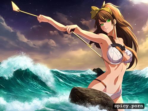 on rock near crashing waves, one eye brown, one eye green, standing scantily clad with bow and arrow in moonlight