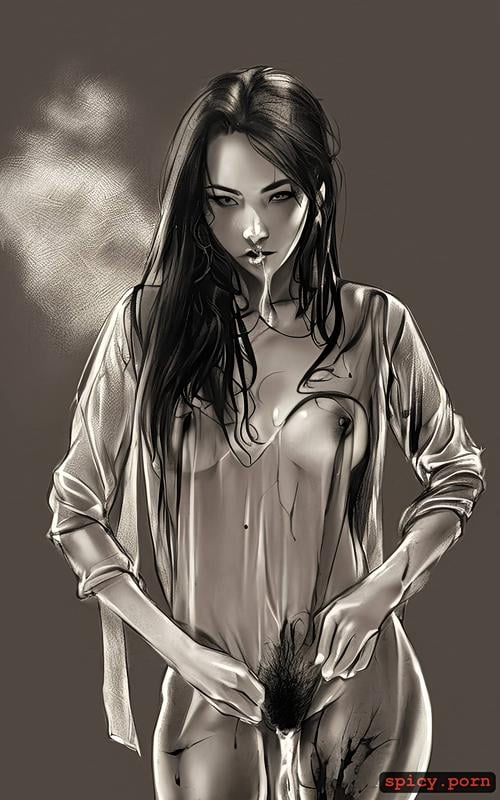 sketch, long wet hair, wet skin, thai girl, see through shirt with underboob