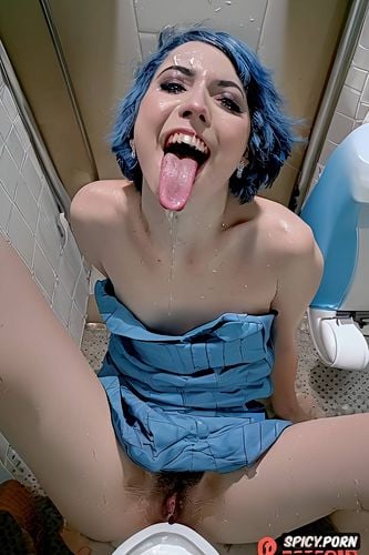 full frontal, she has short messy dark hair dyed blue, shitting