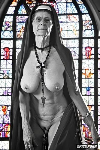 entire body, cathedral, wrinkly face, cross necklace, long empty breasts