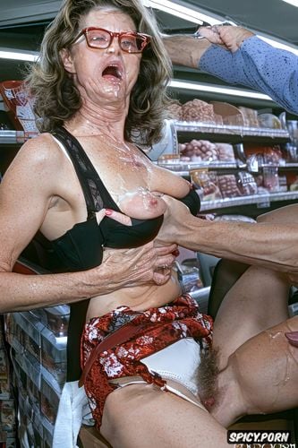 scared model face, gagging and choking, mature, granny, grocery store aisle