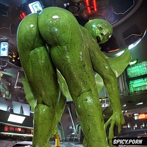 270 lbs, ebony ssbbw alien with green skin, bent over having deep anal sex with alien bbc