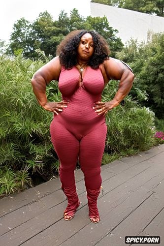 realistic detailed, black ebony bbw ssbbw milf granny, absolutely fully clothed in a intricate velveteen bodysuit