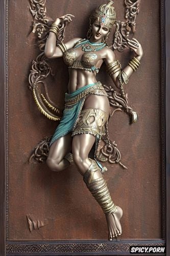 full body in frame, mini skirt, indian godess wood carved relief indian godess wood carved relief
