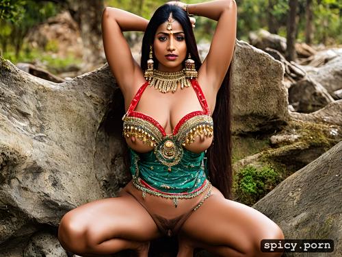 closed breast, ultradetails, wearing indian jwellery, spreading knees