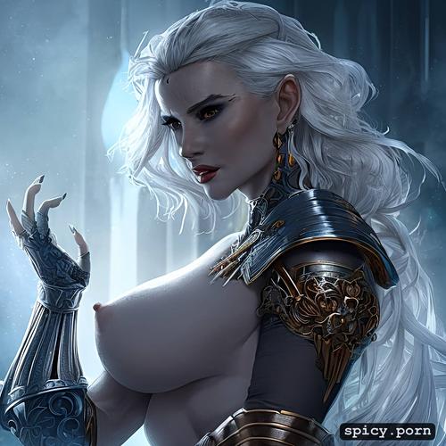 white hair, victorian, partially nude, fantasy armor, seductive