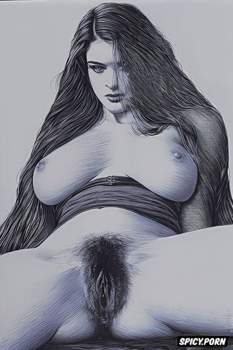 ballpoint pen, cross hatching, cotton folds fabric, hairy vagina