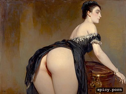 wearing elaborate 19th century dress, lifting skirt above ass and spreading her ass cheecks with both hands