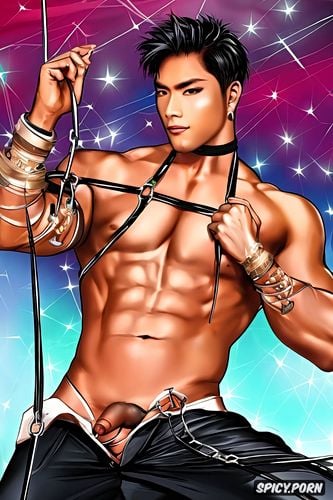 young asian handsome male k pop idol, with harness, jerking off his dick