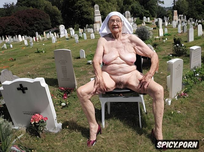 very fat, ninety, cemetery, oiled skin, very old granny, pale